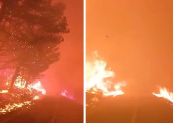 Dramatična snimka. Vatrogasci vozilom prolaze kroz golemu buktinju, prizor je uznemirujući