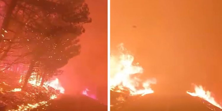 Dramatična snimka. Vatrogasci vozilom prolaze kroz golemu buktinju, prizor je uznemirujući