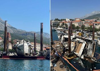 FOTO Konačno izvađena izgorjela jahta s dna makarske luke