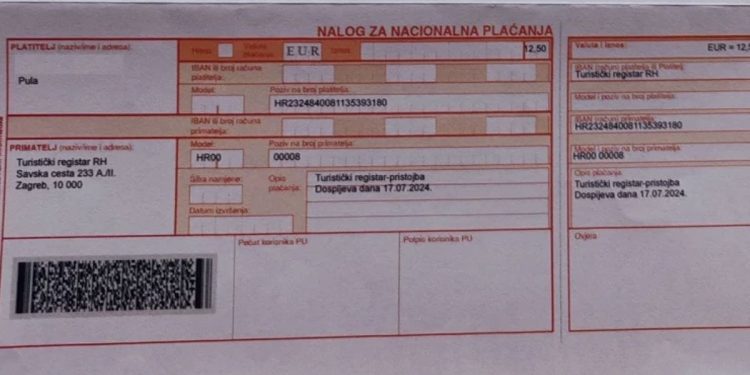 Iznajmljivačima na području Pule stižu uplatnice lažnog turističkog registra RH