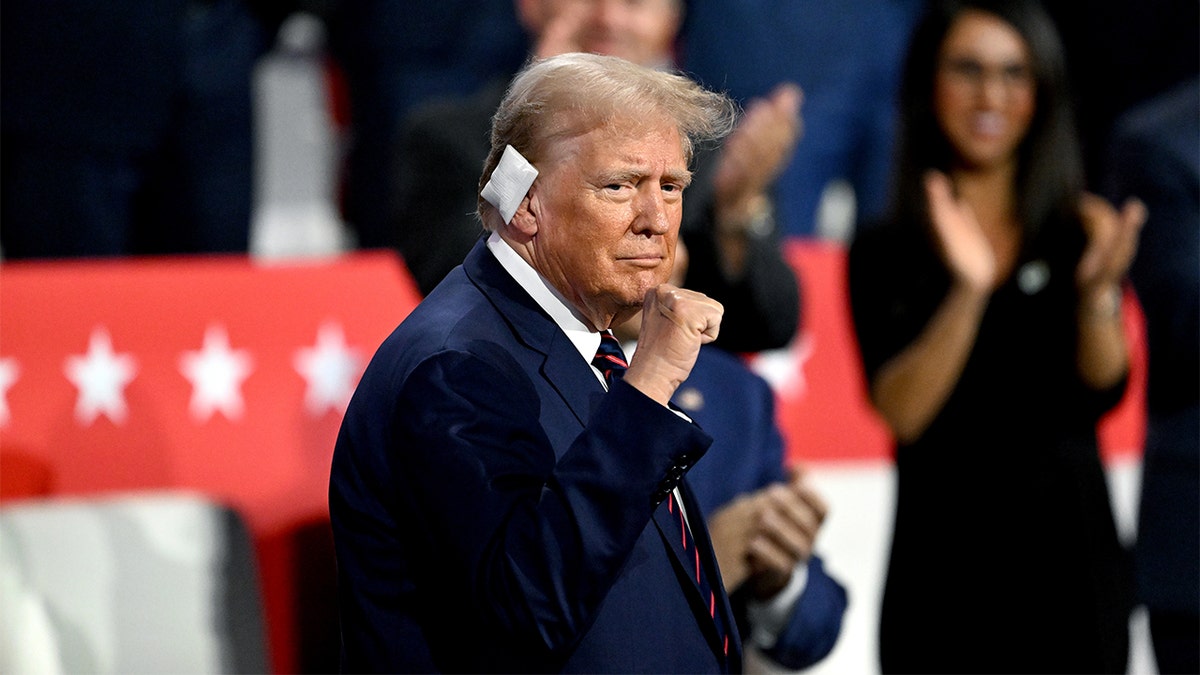 Bivši predsjednik Trump sa šakom u zraku i zavijenim uhom.