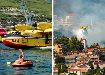 NEVJEROJATAN PRIZOR Pogledajte trenutak kada kanader prolazi kraj gumenjaka u Kaštelanskom zaljevu