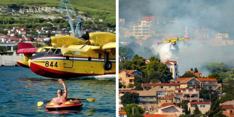 NEVJEROJATAN PRIZOR Pogledajte trenutak kada kanader prolazi kraj gumenjaka u Kaštelanskom zaljevu