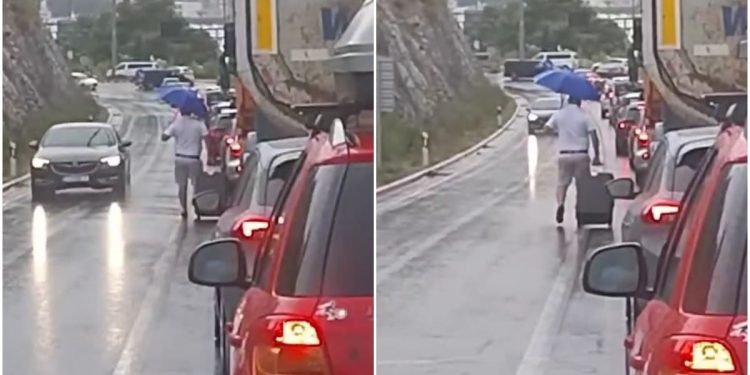 VIDEO Izgubio živce i krenuo pješke s koferom kroz gužvu na Čiovu po kiši