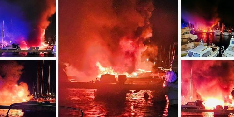 VIDEO Jahtu u poznatoj dalmatinskoj marini progutala vatra, diže se ogromni stup crnog dima