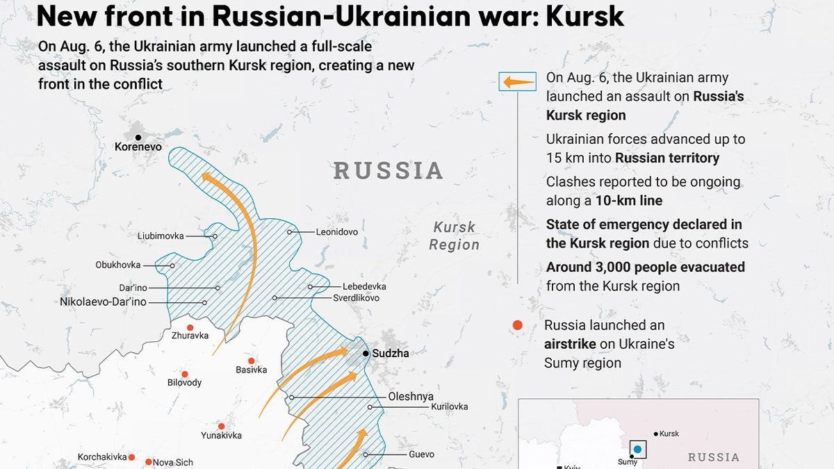 Infografika pod nazivom "Nova fronta u rusko-ukrajinskom ratu: Kursk" stvoren u Ankari, Turska, 8. kolovoza 2024. Dana 6. kolovoza, ukrajinska vojska pokrenula je sveobuhvatni napad na rusku južnu regiju Kursk, stvarajući novu frontu u sukobu.