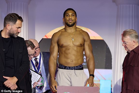 RIYADH, SAUDI ARABIA - MARCH 07: Anthony Joshua weighs in ahead of his 'Knockout Chaos' heavyweight fight against Francis Ngannou at Greece in Boulevard World on March 07, 2024 in Riyadh, Saudi Arabia. (Photo by Richard Pelham/Getty Images)