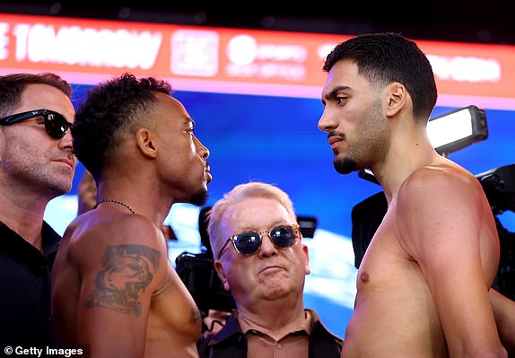 LONDON, ENGLAND - SEPTEMBER 20: Tyler Denny (left) and Hamzah Sheeraz face off during a weigh-in as part of the Riyadh Season - Wembley Edition card at Trafalgar Square on September 20, 2024 in London, England. (Photo by Richard Pelham/Getty Images)