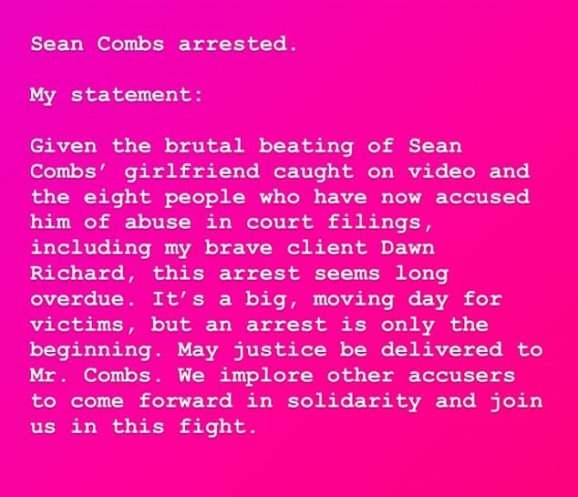 Attorney Lisa Bloom, who is representing one of the people suing Combs, issued the following statement Monday, saying the arrest was 'long overdue'