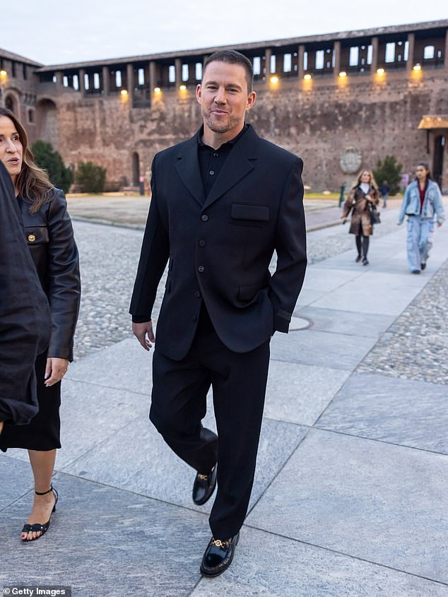 Actor Channing, 44, looked extremely dapper in an all-black suit, complete with Versace loafters that boasted a gold buckle