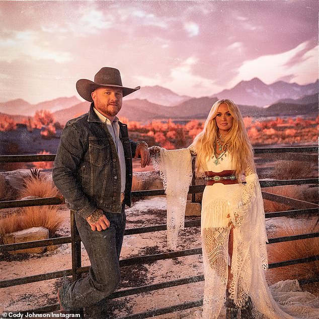 Carrie - who gets 9.8M monthly listeners on Spotify - and Grammy winner Cody Johnson (L) will drop their duet I'm Gonna Love You this Friday