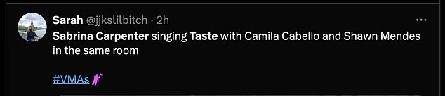 Pjevačica Espressa također je nedavno izvela pjesmu Taste ispred Camile i Shawna na dodjeli MTV Video Music Awards 2024. u New Yorku nakon nagađanja o prošlom ljubavnom trokutu