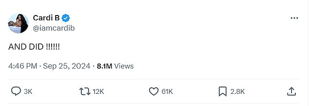 Čini se da je Cardi B priznala optužbe u objavi na X/Twitteru u srijedu, napisavši 'I JESILA !!!!!!'