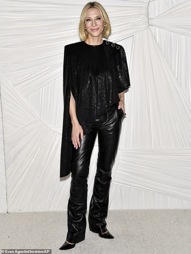 Cate Blanchett showed off her edgy side in a pair of black, leather pants as well as a black sequin top that contained a longer strip of fabric on the right side