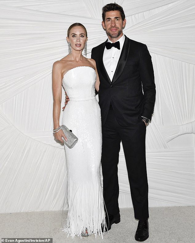 Blunt was accompanied by her husband, John Krasinski, who sported a black tuxedo as well as a white button up and blow bowtie