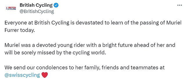 British Cycling također je objavio svoje izraze sućuti nakon što je potvrđena Furrerova tragična smrt