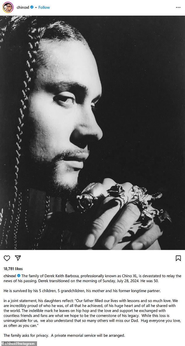 Njegovi voljeni također su podijelili poruku zvijezde - čije je pravo ime Derek Emmanuel Barbosa - na njegovoj glavnoj Instagram stranici, uz crno-bijelu fotografiju repera od 29. srpnja