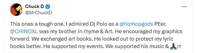 Chuck D iz Public Enemyja je u objavi na X/Twitteru rekao: 'Ovo je teško. Divio sam se Dj Polu kao @hiphopgods PEer'