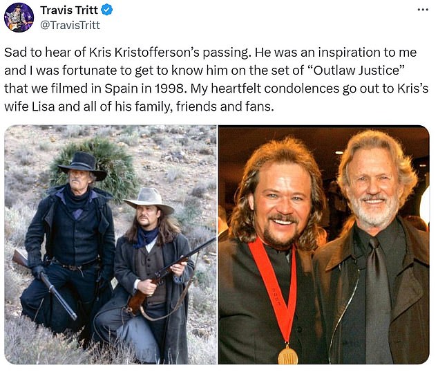 Travis Tritt je rekao: 'Tužno mi je čuti da je Kris Kristofferson preminuo. Bio mi je inspiracija i imao sam sreću upoznati ga na setu filma ¿Outlaw Justice¿ koji smo snimali u Španjolskoj 1998. godine. Moja iskrena sućut upućujem Krisovoj ženi Lisi i cijeloj njegovoj obitelji, prijateljima i obožavatelji