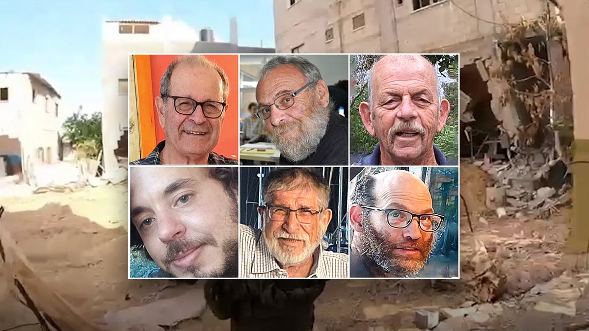 Izrael je objavio da je pronašao tijela šest talaca iz Gaze, gore lijevo u smjeru kazaljke na satu, Avraham Munder, Alex Dancyg, Chaim Peri, Nadav Popplewell, Yoram Metzger i Yagev Buchshstab. (Forum talaca i nestalih obitelji i IDF-ova glasnogovornička jedinica.)