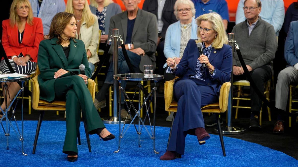 Demokratska predsjednička kandidatkinja, potpredsjednica Kamala Harris sluša kako bivša republikanska zastupnica Liz Cheney govori tijekom Harrisove kampanje u gradskoj vijećnici u Malvernu, Pennsylvania, u ponedjeljak, 21. listopada 2024. (AP Photo/Matt Rourke)