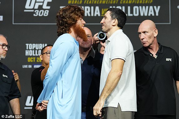 ABU DHABI, UNITED ARAB EMIRATES - OCTOBER 24: (L-R) Opponents Shara Magomedov of Russia and Armen Petrosyan of Russia face off during the UFC 308 press conference at Etihad Arena on October 24, 2024 in Abu Dhabi, United Arab Emirates.  (Photo by Chris Unger/Zuffa LLC)