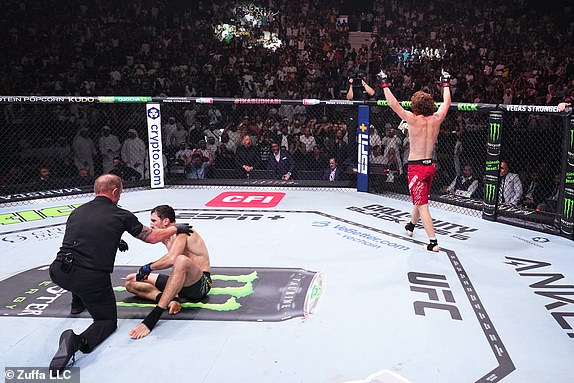 ABU DHABI, UNITED ARAB EMIRATES - OCTOBER 26: Shara Magomedov of Russia reacts after a knockout victory against Armen Petrosyan of Russia in a middleweight fight during the UFC 308 event at Etihad Arena on October 26, 2024 in Abu Dhabi, United Arab Emirates.  (Photo by Chris Unger/Zuffa LLC)