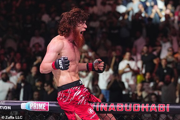 ABU DHABI, UNITED ARAB EMIRATES - OCTOBER 26: Shara Magomedov of Russia reacts after a knockout victory against Armen Petrosyan of Russia in a middleweight fight during the UFC 308 event at Etihad Arena on October 26, 2024 in Abu Dhabi, United Arab Emirates.  (Photo by Chris Unger/Zuffa LLC)