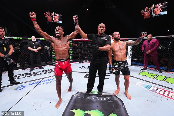 ABU DHABI, UNITED ARAB EMIRATES - OCTOBER 26: Lerone Murphy of England reacts after a decision victory against Dan Ige in a featherweight fight during the UFC 308 event at Etihad Arena on October 26, 2024 in Abu Dhabi, United Arab Emirates.  (Photo by Chris Unger/Zuffa LLC)