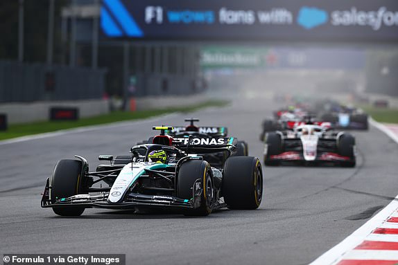 MEXICO CITY, MEXICO - OCTOBER 27: Lewis Hamilton of Great Britain driving the (44) Mercedes AMG Petronas F1 Team W15 leads George Russell of Great Britain driving the (63) Mercedes AMG Petronas F1 Team W15 on track during the F1 Grand Prix of Mexico at Autodromo Hermanos Rodriguez on October 27, 2024 in Mexico City, Mexico. (Photo by Peter Fox - Formula 1/Formula 1 via Getty Images)