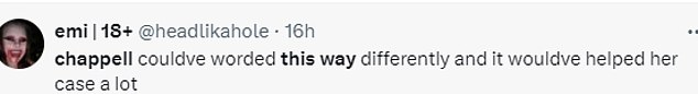 'chappell couldve worded this way differently and it wouldve helped her case a lot' while another penned: 'This is very disappointing'
