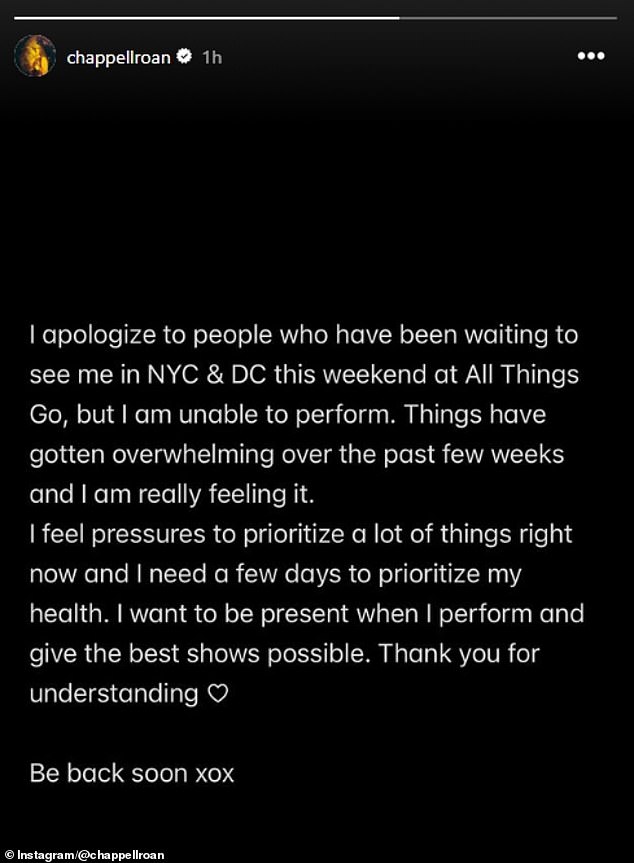 However the star revealed to fans last Friday that she would not be taking to the stage, writing in an Instagram post: 'I apologize to people who have been waiting to see me in NYC & DC this weekend at All Things Go, but I am unable to perform