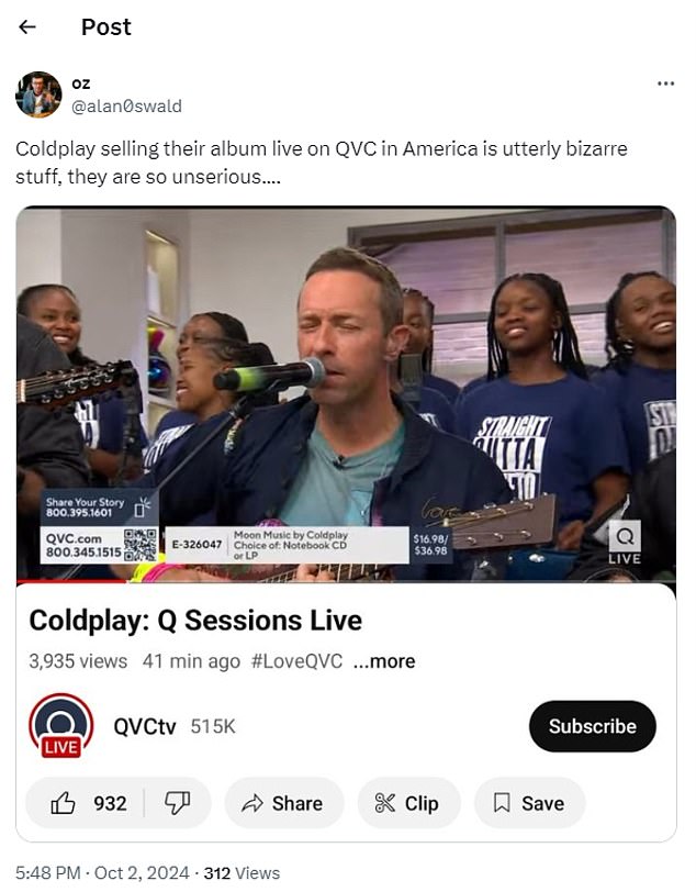 Ipak, brojni tweetovi opisali su Coldplay prodaju svog albuma uživo na QVC-u u Americi kao 'krajnje bizarno' i 'neozbiljno'