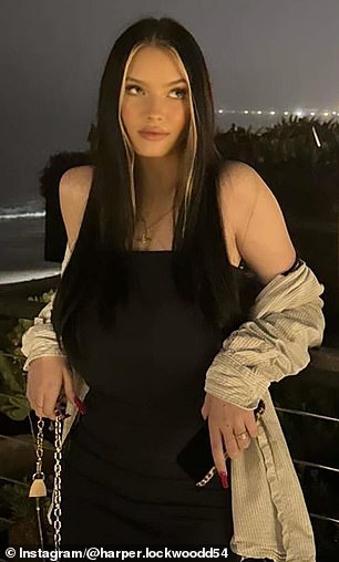 Harper posed outside on a restaurant deck with the scenic ocean close by in the background after the sun had set