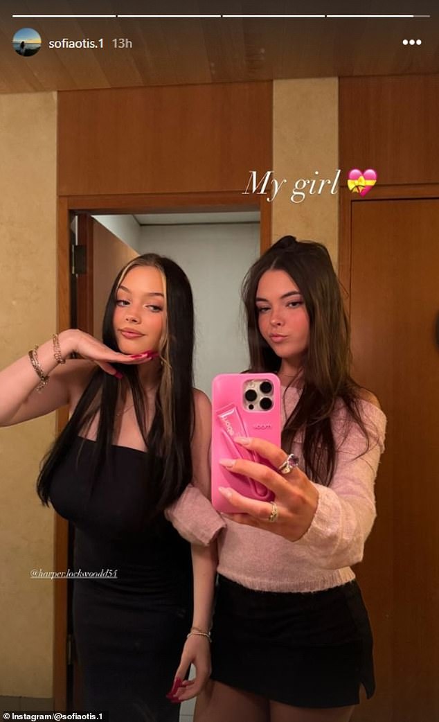 The two also stopped for a mirror selfie inside a bathroom and Sofia added the text, 'My girl,' towards the top of the image
