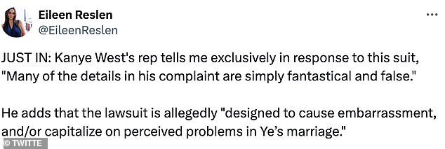 The rep further stated that the lawsuit¿which also accuses West of abusing nitrous oxide¿is 'designed to cause embarrassment and/or capitalize on perceived problems in Ye¿s marriage.'
