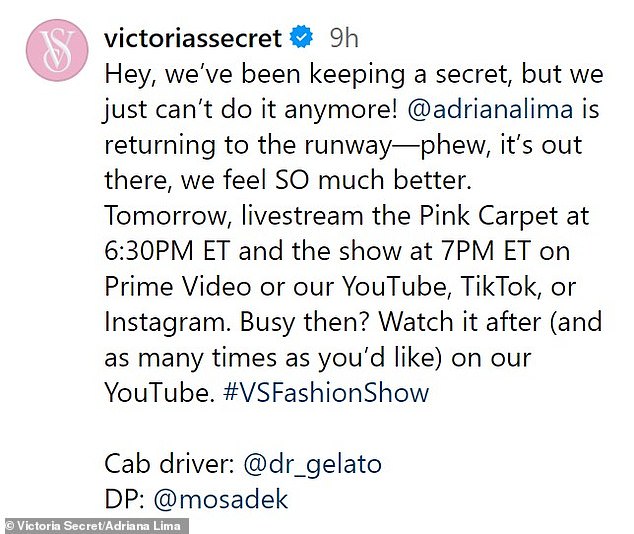 Brend i Lima najavili su njezin povratak na pozornicu Victoria's Secret Fashion Showa u zabavnom novom videu koji je osvanuo na Instagramu