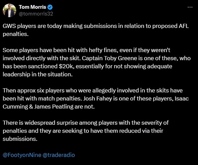 Novinar Tom Morris tvrdi da je do šest igrača koji su navodno sudjelovali u skečevima kažnjeno kaznama