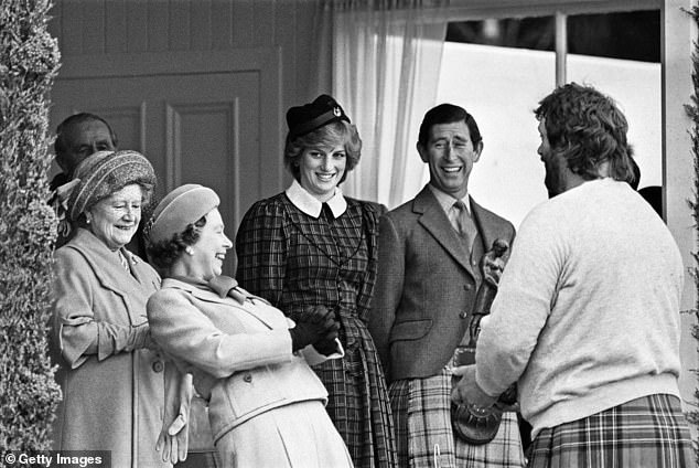 The Royal family share a joke with Geoff Capes as they attend the Braemar Highland Games in Scotland. Left to right are: The Queen Mother, Queen Elizabeth II, Princess Diana, Prince Charles and Geoff Capes. 4th September 1982