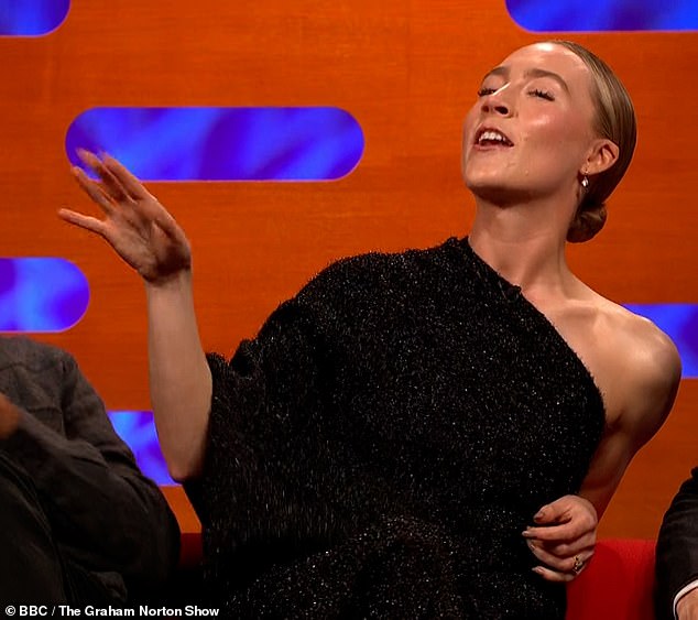 As a picture of Saoirse in the film flashed up on screen, the boys instantly burst into laughter, prompting the actress to warn: 'don't laugh' before telling Paul it was her time to talk