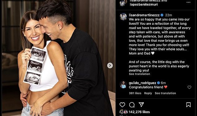 Branič Man Uniteda Lisandro Martinez i partner Muri Lopez Benitez objavili su da očekuju svoje prvo dijete dok par na društvenim mrežama dijeli slike beba skeniranja