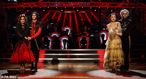 EMBARGOED TO 2100 SUNDAY OCTOBER 27For use in UK, Ireland or Benelux countries only BBC handout photo of (left-right) Dr Punam Krishan, Gorka Marquez, Nancy Xu and Shayne Ward. after Dr Punam Krishan became the fifth celebrity to be eliminated from Strictly Come Dancing 2024. Issue date: Sunday October 27, 2024. See PA story SHOWBIZ Strictly. Photo credit should read: Guy Levy/BBC/PA Wire NOTE TO EDITORS: Not for use more than 21 days after issue. You may use this picture without charge only for the purpose of publicising or reporting on current BBC programming, personnel or other BBC output or activity within 21 days of issue. Any use after that time MUST be cleared through BBC Picture Publicity. Please credit the image to the BBC and any named photographer or independent programme maker, as described in the caption.