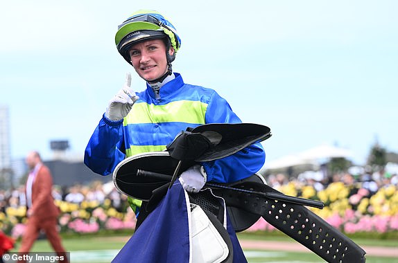 MELBOURNE, AUSTRALIA - NOVEMBER 02: Jamie Kah riding Another Wil after winning Race 4, the The Damien Oliver - Betting Odds during 2024 Penfolds Victoria Derby Day at Flemington Racecourse on November 02, 2024 in Melbourne, Australia. (Photo by Vince Caligiuri/Getty Images)