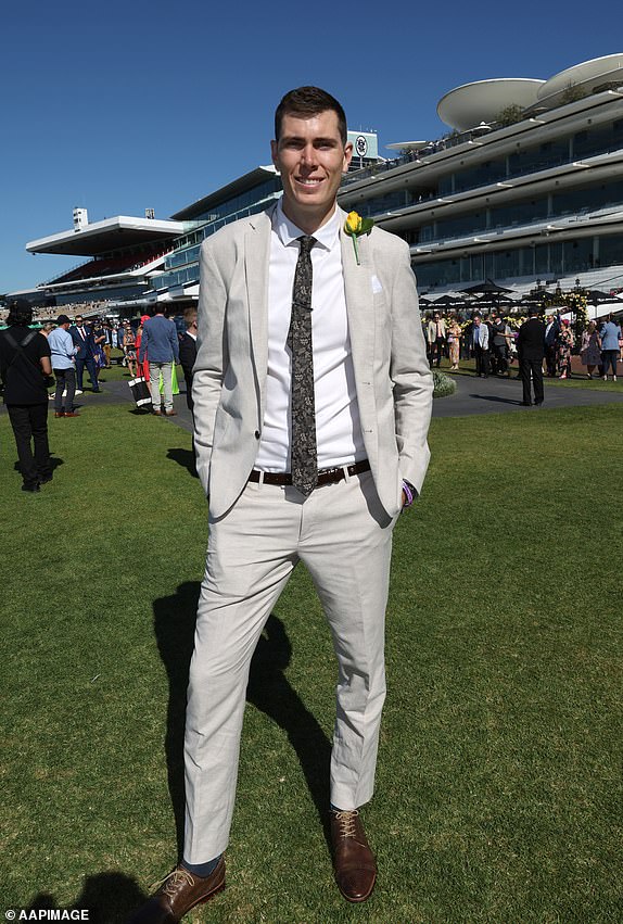 AFL player Mason Cox attends the 2024 Melbourne Cup at Flemington Racecourse in Melbourne, Tuesday, November 5, 2024. (AAP Image/Con Chronis) NO ARCHIVING, EDITORIAL USE ONLY