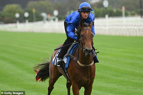 MELBOURNE, AUSTRALIA - OCTOBER 29: Camille Piantoni riding Zardozi during a trackwork session at Flemington Racecourse, on October 29, 2024 in Melbourne, Australia. (Photo by Vince Caligiuri/Getty Images)