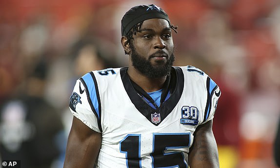 Carolina Panthers wide receiver Jonathan Mingo (15) walks off the field after an NFL football game against the Washington Commanders, Sunday, October 20, 2024 in Landover. (AP Photo/Daniel Kucin Jr.)