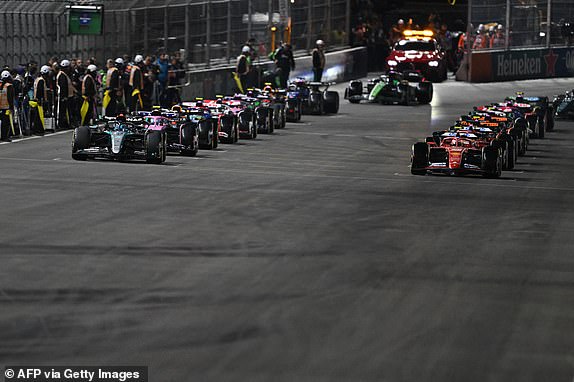 Drivers get ready to start the Las Vegas Formula One Grand Prix in Las Vegas, Nevada on November 23, 2024. (Photo by Patrick T. Fallon / AFP) (Photo by PATRICK T. FALLON/AFP via Getty Images)