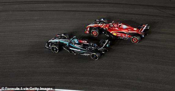 LAS VEGAS, NEVADA - NOVEMBER 23: George Russell of Great Britain driving the (63) Mercedes AMG Petronas F1 Team W15 and Charles Leclerc of Monaco driving the (16) Ferrari SF-24 battle for track position during the F1 Grand Prix of Las Vegas at Las Vegas Strip Circuit on November 23, 2024 in Las Vegas, Nevada. (Photo by Clive Rose - Formula 1/Formula 1 via Getty Images)