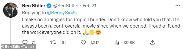 Prošle je godine Stiller odlučno branio Tropic Thunder ¿ u kojem su također glumili Tom Cruise, Jack Black, Brandon T. Jackson i Matthew McConaughey ¿ i inzistirao da je 'ponosan' na film