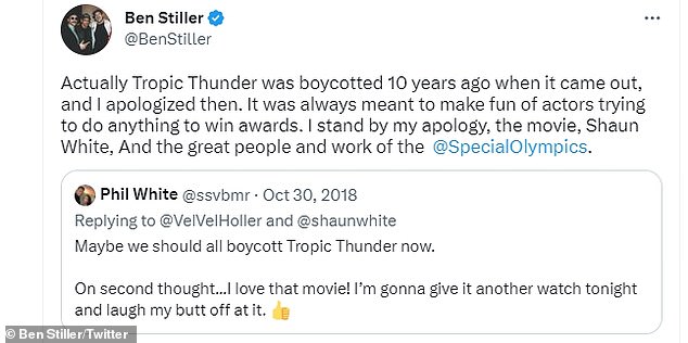 Drugi pratitelj na društvenim mrežama privukao je pozornost na povijesni tweet glumca, objavljen kao odgovor na bezbrižnu tvrdnju da bi Tropic Thunder trebao biti zabranjen